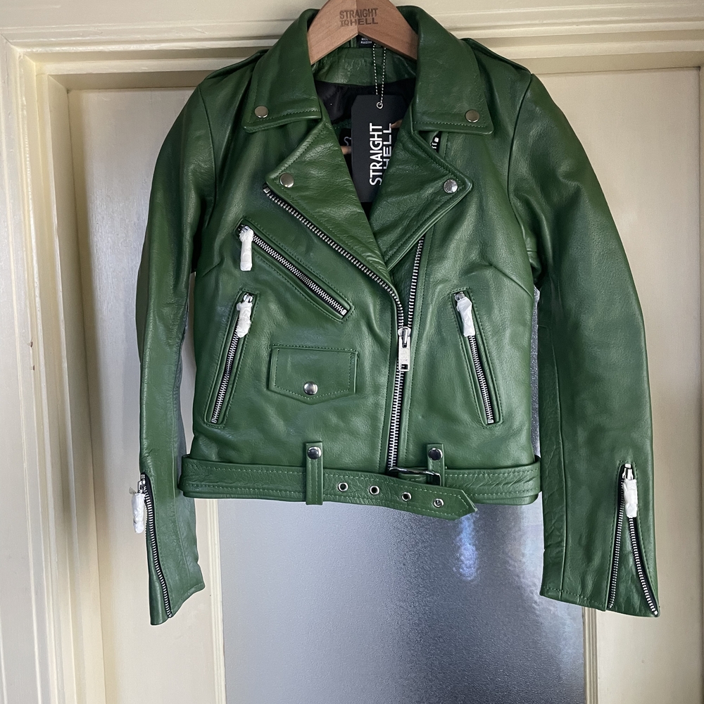 Straight To Hell Green Leather Moto Jacket